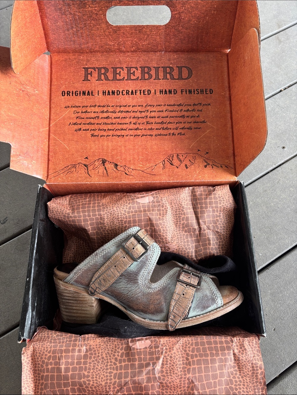 freebird Brown and Teal Distressed Leather Buckle Sandals